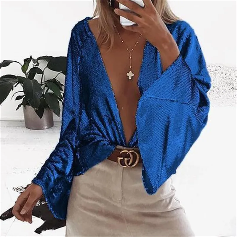 Hot Women Sexy Open Sitch Tops Blouse Flare Sleeve Deep V Gold Silver Blue Night Club Sequins Blouses Shirt Clothes Femme
Hot Women Sexy Open Sitch Tops Blouse Flare Sleeve Deep V Gold Silver Blue Night Club Sequins Blouses Shirt Clothes Femme