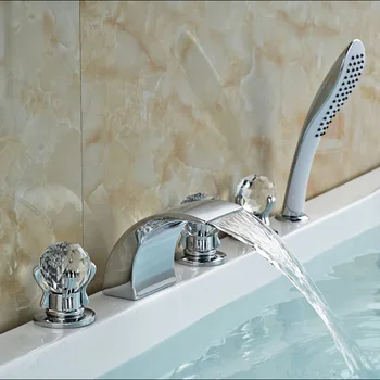 Chrome Brass Three Cristal Handles Waterfall Bathtub Faucet Deck Mount Bath Shower Mixer Taps with Handheld shower 
Chrome Brass Three Cristal Handles Waterfall Bathtub Faucet Deck Mount Bath Shower Mixer Taps with Handheld shower