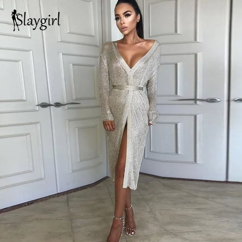 Slaygirl Autumn Winter Casual Sexy Dresses Women Sliver Long Sleeve V Neck Midi Vestidos 2018 Female Club Party Elegant Dress
Slaygirl Autumn Winter Casual Sexy Dresses Women Sliver Long Sleeve V Neck Midi Vestidos 2018 Female Club Party Elegant Dress
