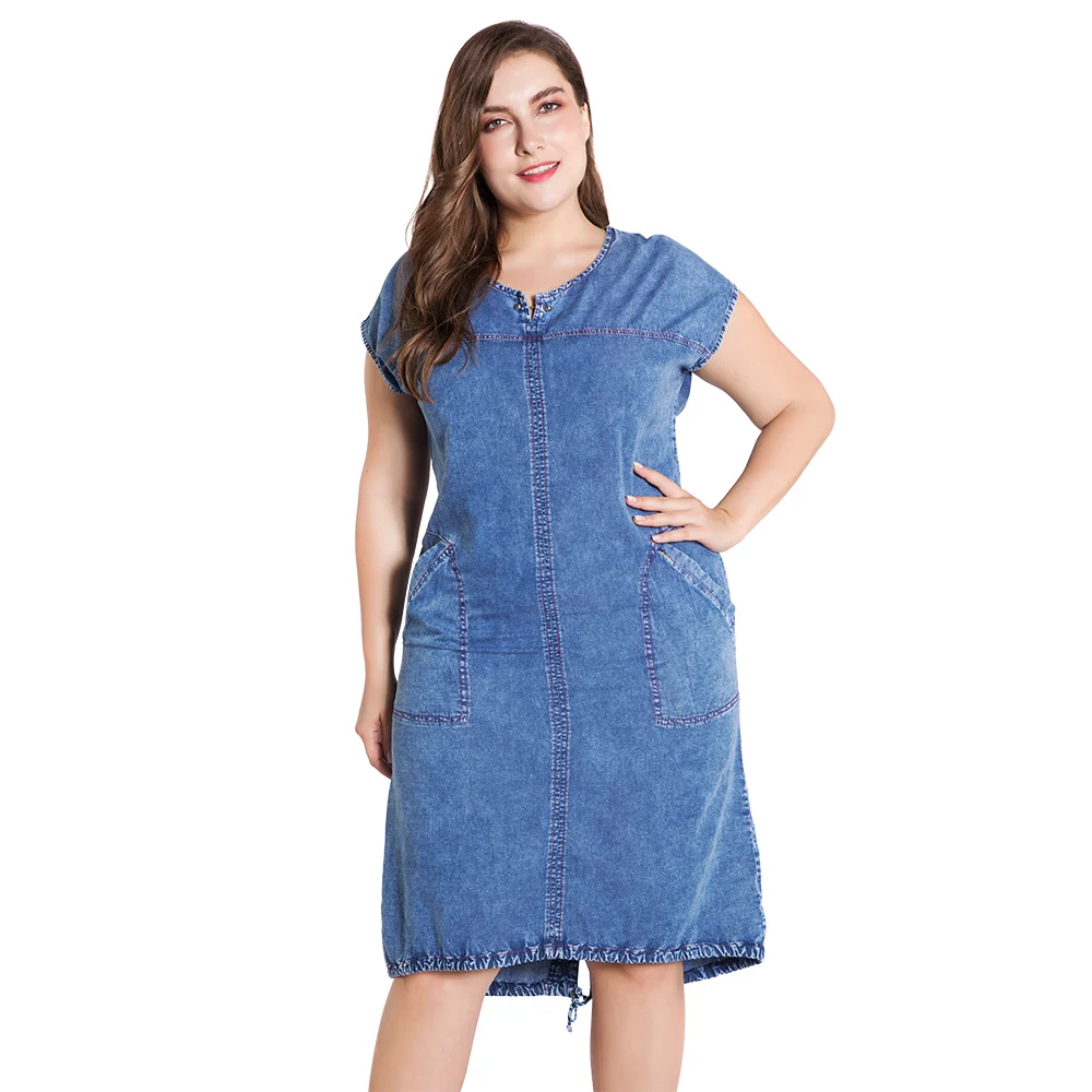 Black Denim Dress with Raw Hem 3//4 Sleeve Jean Dress Front Pockets