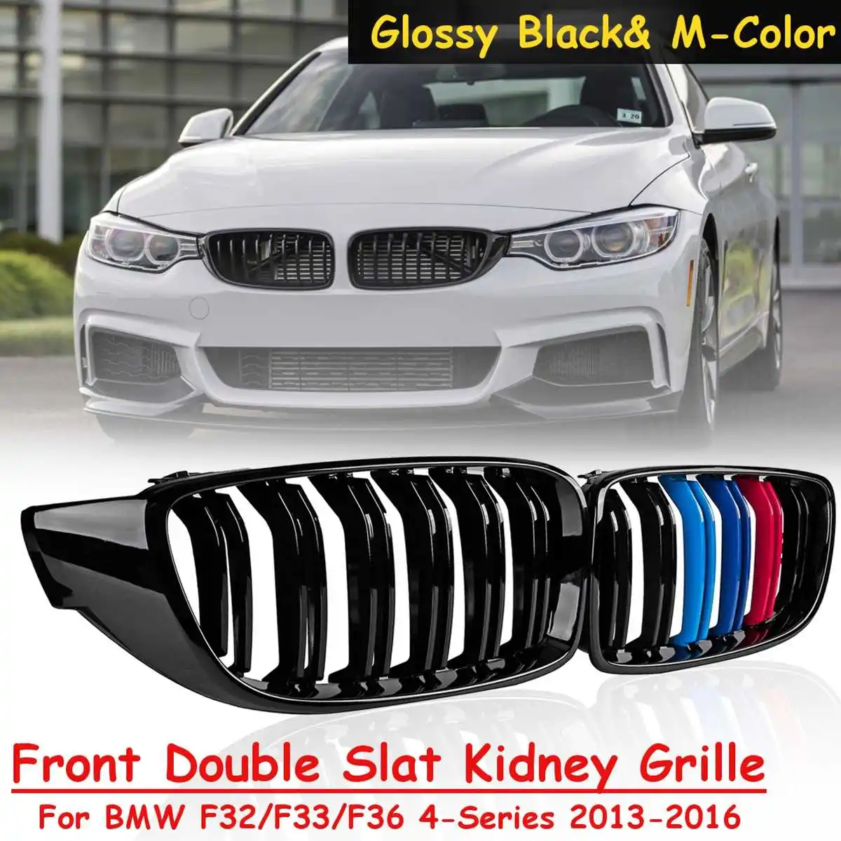 Pair Glossy Black & M-Color Front Double Slat Kidney Grille For BMW F32 F33 F36 F82 F80 4-Series 2013 2014 2015 2016
Pair Glossy Black & M-Color Front Double Slat Kidney Grille For BMW F32 F33 F36 F82 F80 4-Series 2013 2014 2015 2016