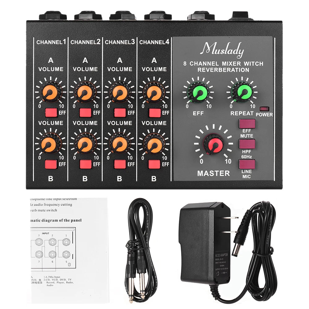 Muslady M-228A Compact Size 8-channel Mono/Stereo Audio Sound Mixer with Reverberation Function 60Hz Frequency Cutting EU/US
Muslady M-228A Compact Size 8-channel Mono/Stereo Audio Sound Mixer with Reverberation Function 60Hz Frequency Cutting EU/US