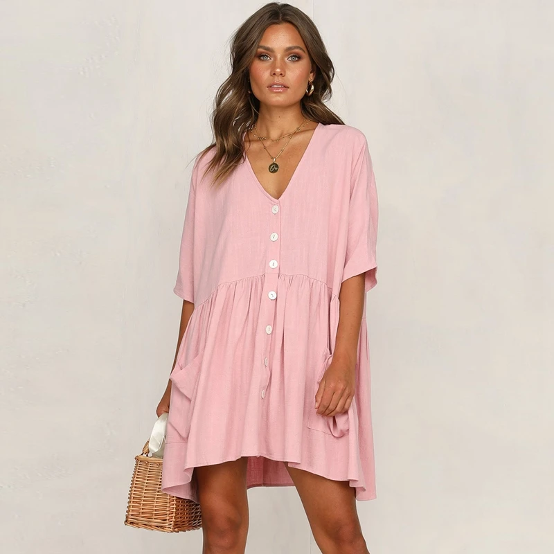 Summer Dress Women V-Neck Shirts Dress Loose Casual Short Sleeve Dress Lady Pockets Button Short Dress Elegant Party Swin
Summer Dress Women V-Neck Shirts Dress Loose Casual Short Sleeve Dress Lady Pockets Button Short Dress Elegant Party Swin
