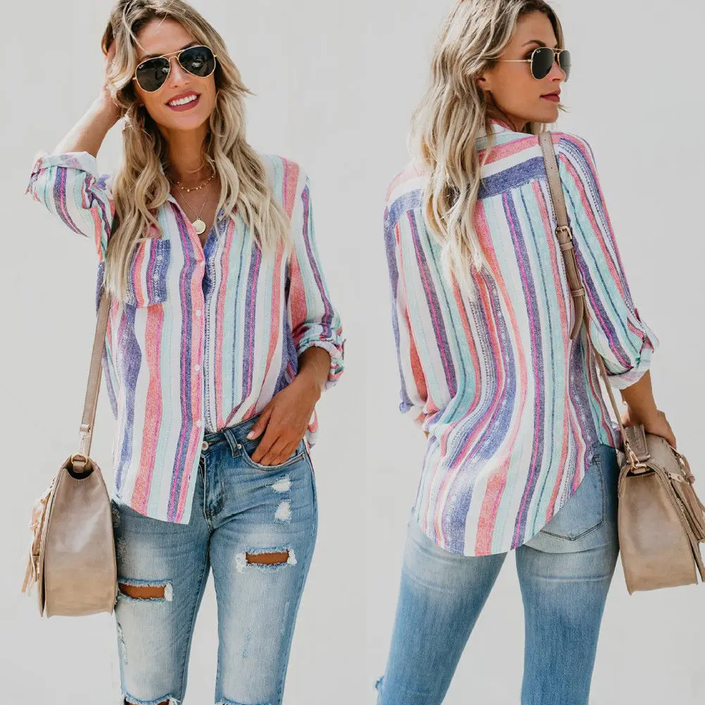 Fashion Women Long Sleeve Loose Rainbow Blouse Striped blouse women Summer Casual Shirt Summer Tops
Fashion Women Long Sleeve Loose Rainbow Blouse Striped blouse women Summer Casual Shirt Summer Tops