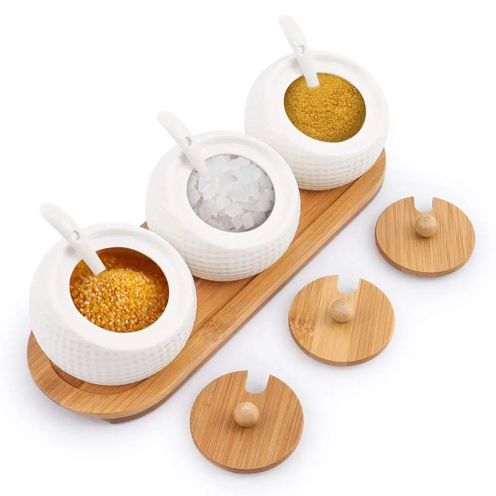 

Porcelain Condiment Container Spice Jar with Lids Bamboo Cap Holder Spot Ceramic Serving Spoon Wooden Tray Best Pottery