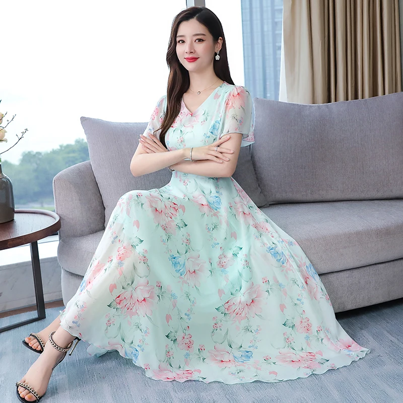 White,Pink,Apricot,Green Flowers Lady Summer Dress Women Short Sleeve Floral Print Long Chiffon Dresses Female Clothing M-XXXL
White,Pink,Apricot,Green Flowers Lady Summer Dress Women Short Sleeve Floral Print Long Chiffon Dresses Female Clothing M-XXXL
