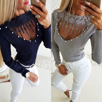 Fashion Women Long Sleeve Shirts Lace Hollow Out Pearl Beading Patchwork Crew Neck Knit Casual Tunic Tops Blouse Pullover
Fashion Women Long Sleeve Shirts Lace Hollow Out Pearl Beading Patchwork Crew Neck Knit Casual Tunic Tops Blouse Pullover