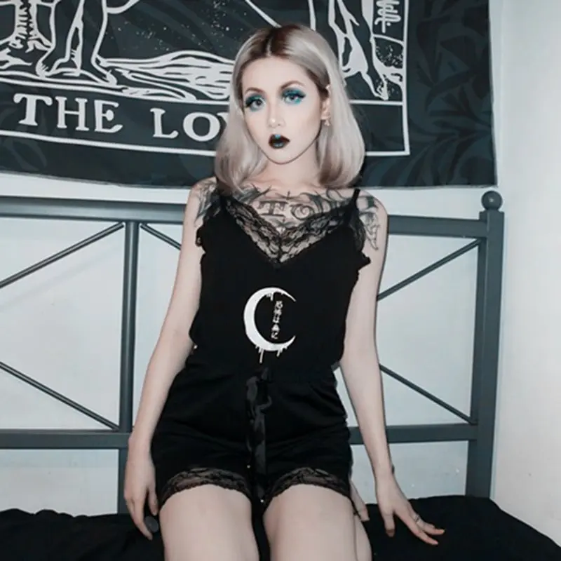 Summer Black Gothic Chic Cool Harajuku Office Lady Sexy Club Women Rompers Slim Lace Print Hollow Mesh Female Goth Jumpsuits
Summer Black Gothic Chic Cool Harajuku Office Lady Sexy Club Women Rompers Slim Lace Print Hollow Mesh Female Goth Jumpsuits