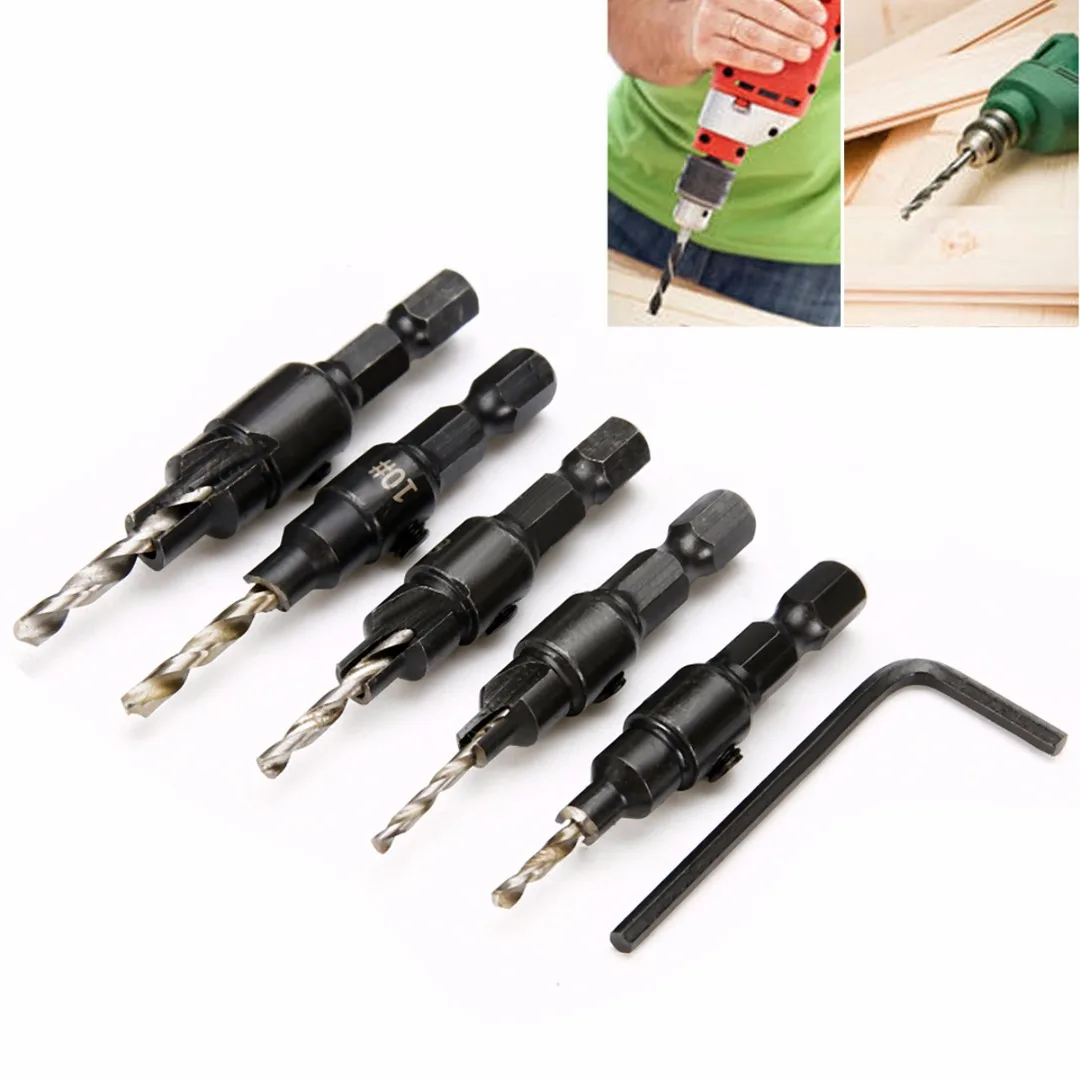 5Pcs Countersink Drill Bits 1/4 Hex Quick Change Shank Wood Drilling Tool Set For Screw Sizes #5 #6 #8 #10 #12 with Hex Shank
5Pcs Countersink Drill Bits 1/4 Hex Quick Change Shank Wood Drilling Tool Set For Screw Sizes #5 #6 #8 #10 #12 with Hex Shank