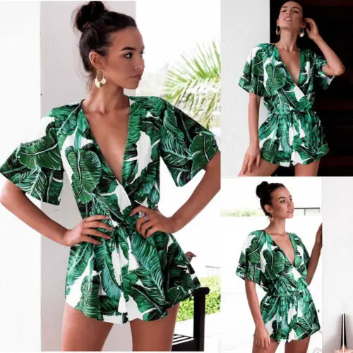 Fashion Women Summer Beach Jumpsuit Deep V Loose Lace up Green Leaves Printed Bodycon Playsuit Romper Short Trouser
Fashion Women Summer Beach Jumpsuit Deep V Loose Lace up Green Leaves Printed Bodycon Playsuit Romper Short Trouser