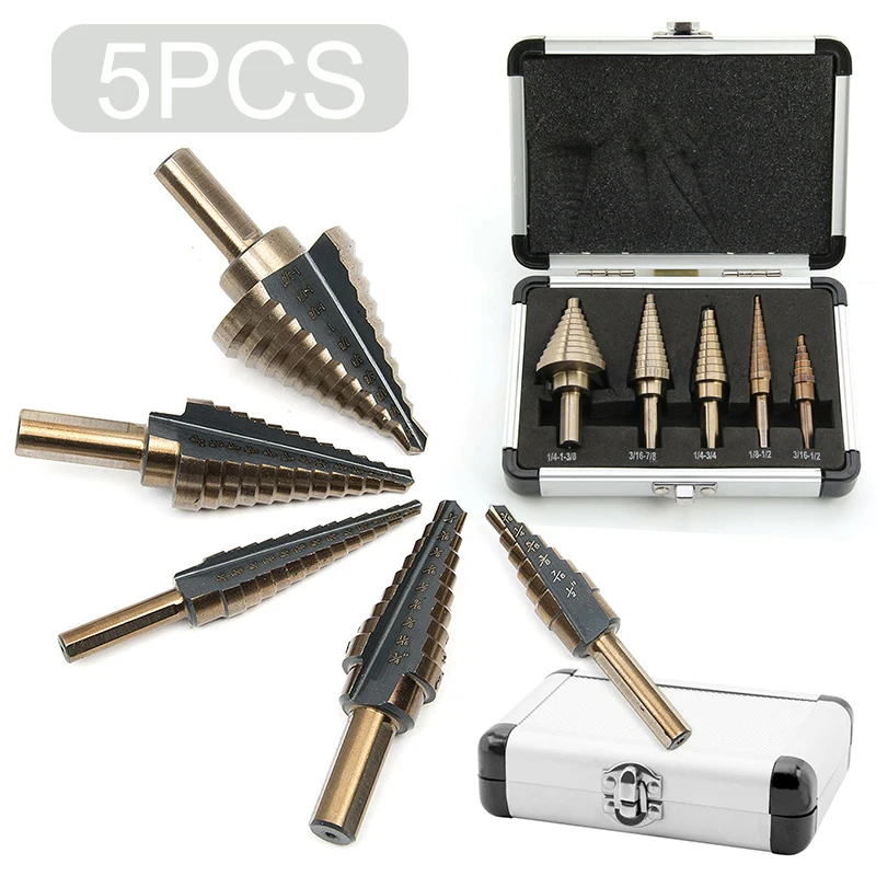 Hot Sale 5pcs 50 Sizes Step Drill Bit HSS Titanium Cone Step Drill Hole Cutter Bits Set with Aluminum Case
Hot Sale 5pcs 50 Sizes Step Drill Bit HSS Titanium Cone Step Drill Hole Cutter Bits Set with Aluminum Case