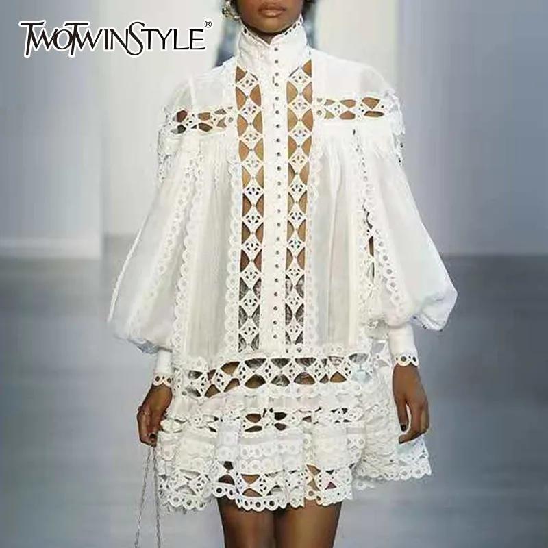 TWOTWINSTYLE Elegant Hollow Out Women's Dresses Stand Collar Lantern Long Sleeve Patchwork Lace Mini Dress Fashion 2019 Autumn
TWOTWINSTYLE Elegant Hollow Out Women's Dresses Stand Collar Lantern Long Sleeve Patchwork Lace Mini Dress Fashion 2019 Autumn