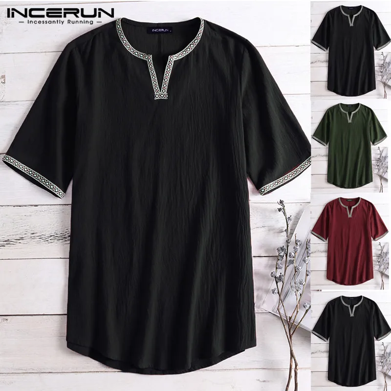 

INCERUN Medieval Renaissance Men Vikings Knight Tunic Warrior Cavalier Aristocrat Cotton Short Sleeve Shirt Cosplay Costume 5XL