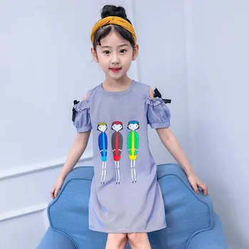 Children's Garment Girl 2019 New Pattern Summer Wear Cartoon Printing Stripe Dress