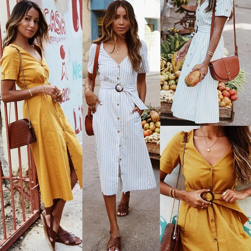 2019 Summer Explosions Bandage Dress V-neck Short-sleeved Solid Color Striped Button Tie Ladies Boho Dress Women's Clothing
2019 Summer Explosions Bandage Dress V-neck Short-sleeved Solid Color Striped Button Tie Ladies Boho Dress Women's Clothing