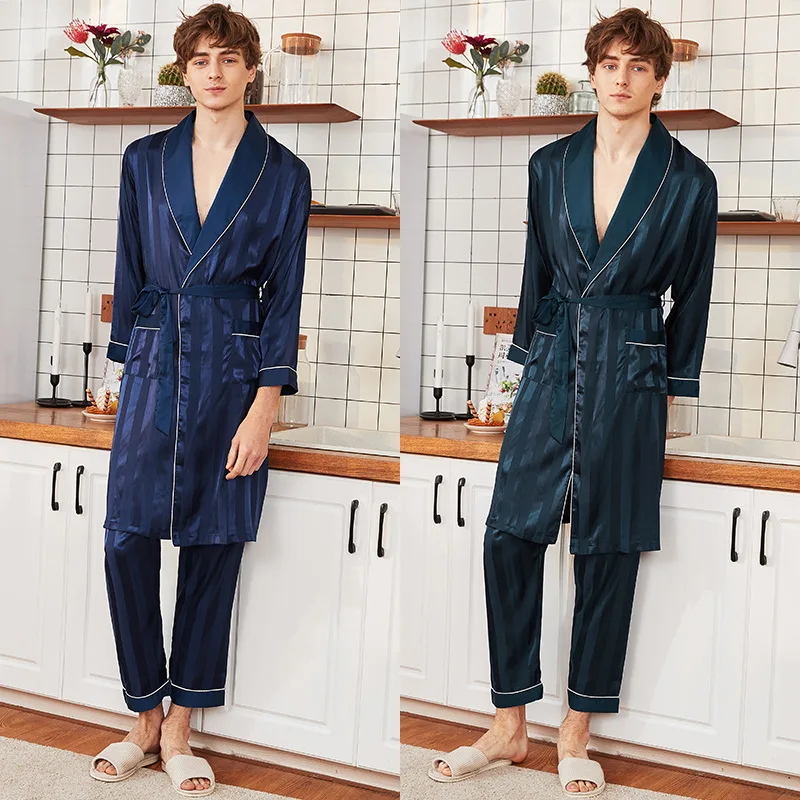 Simulation Silk Newest Design Men's Robes Sets for Spring and Summer Long-sleeved Trousers Home Service Suit
Simulation Silk Newest Design Men's Robes Sets for Spring and Summer Long-sleeved Trousers Home Service Suit