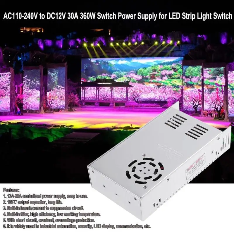 AC110-240V to DC12V 30A 360W Switch Power Supply for LED Strip Light Switch
AC110-240V to DC12V 30A 360W Switch Power Supply for LED Strip Light Switch