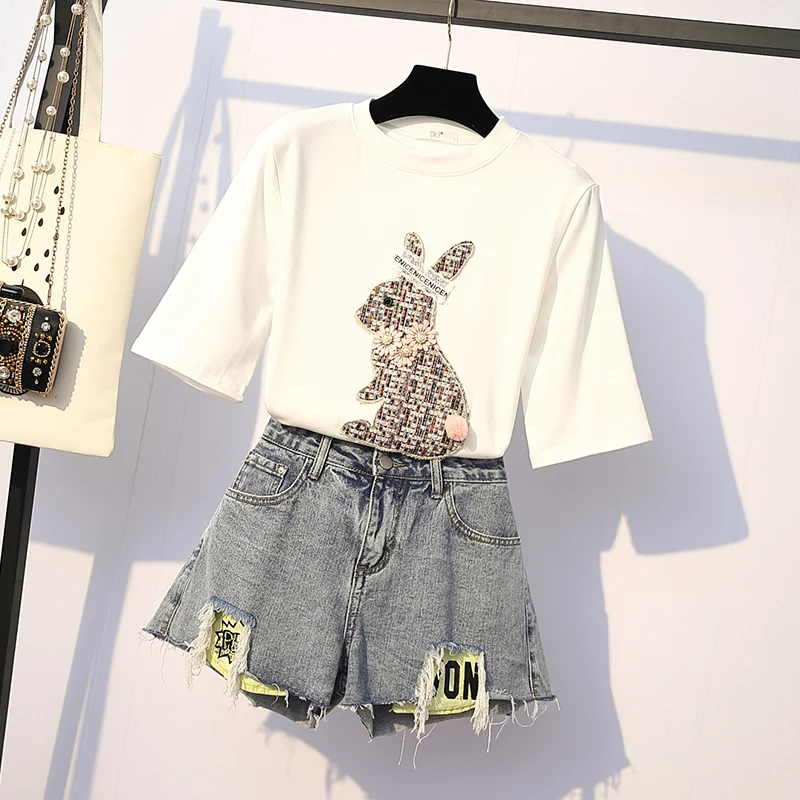 Large Size Clothing Women Sequined Planet Patch Bunny Cartoon T-shirts Big Size Cotton Tees + Hole Letter Jeans Suits Shorts Set
Large Size Clothing Women Sequined Planet Patch Bunny Cartoon T-shirts Big Size Cotton Tees + Hole Letter Jeans Suits Shorts Set