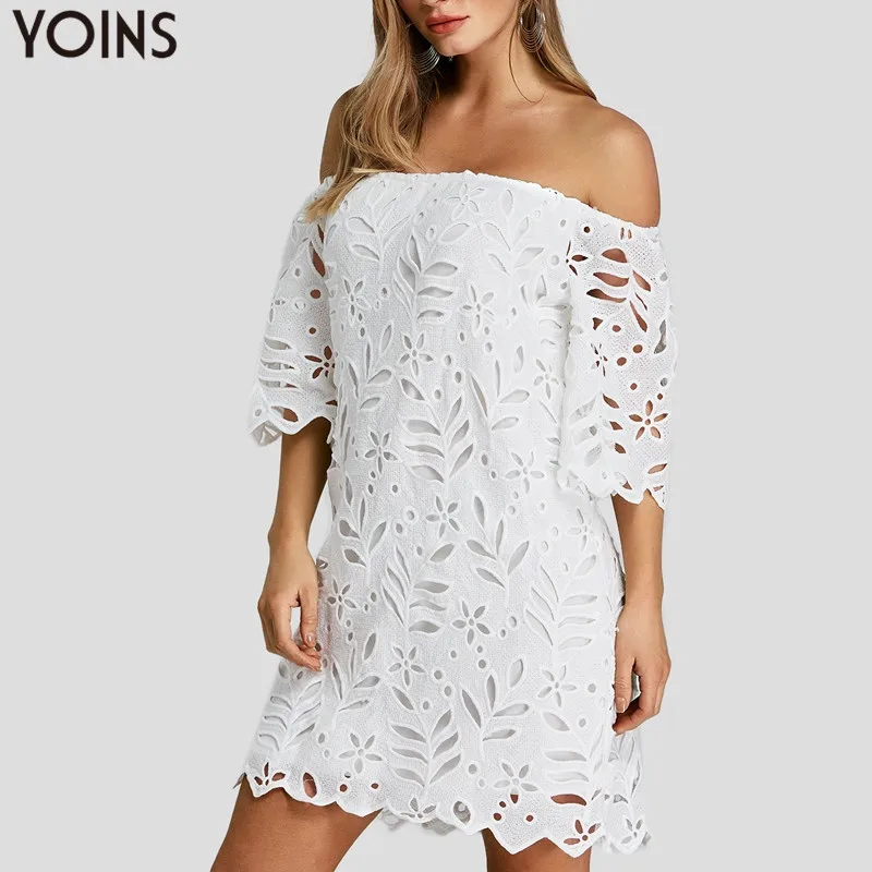 

YOINS Floral Mini Dress Off Shoulder Sexy Summer Women Hollow Out Half Sleeves Lace Crochet Evening Party Dressess Vestidos