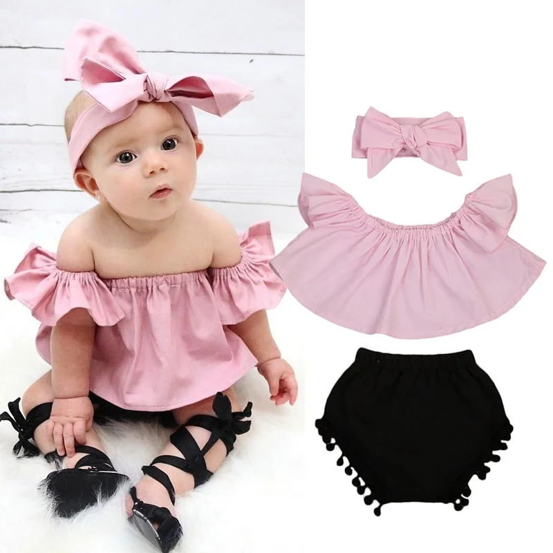 3 piece Lovely Off Shoulder Top, Shorts and Headband Set for Baby Girl and Girl Clothes
3 piece Lovely Off Shoulder Top, Shorts and Headband Set for Baby Girl and Girl Clothes