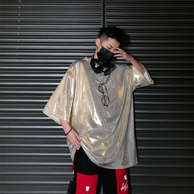 Золотые серебряные светоотражающие футболки Мужская модная уличная одежда хип
