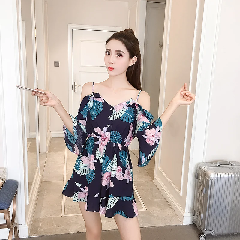 

Summer han edition dress show thin waist receive printed v-neck that show a shoulder chiffon dress female sand beach condole bel