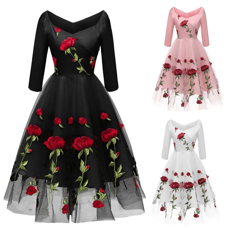 Vintage Rose Embroidery Mesh Midi Dress Casual V Neck Long Sleeve High Waist Swing Dress Retro Vestidos Black Lace Party Dress
Vintage Rose Embroidery Mesh Midi Dress Casual V Neck Long Sleeve High Waist Swing Dress Retro Vestidos Black Lace Party Dress