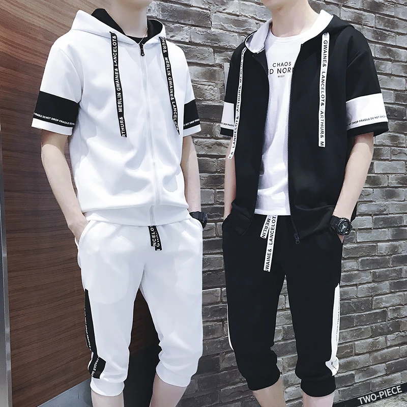 

2019 Spring Summer New Fashion Male Even Hat Twinset Motion Suit Pattern Clothes Set Best tracksuit men gym Thin Short Hip Hop