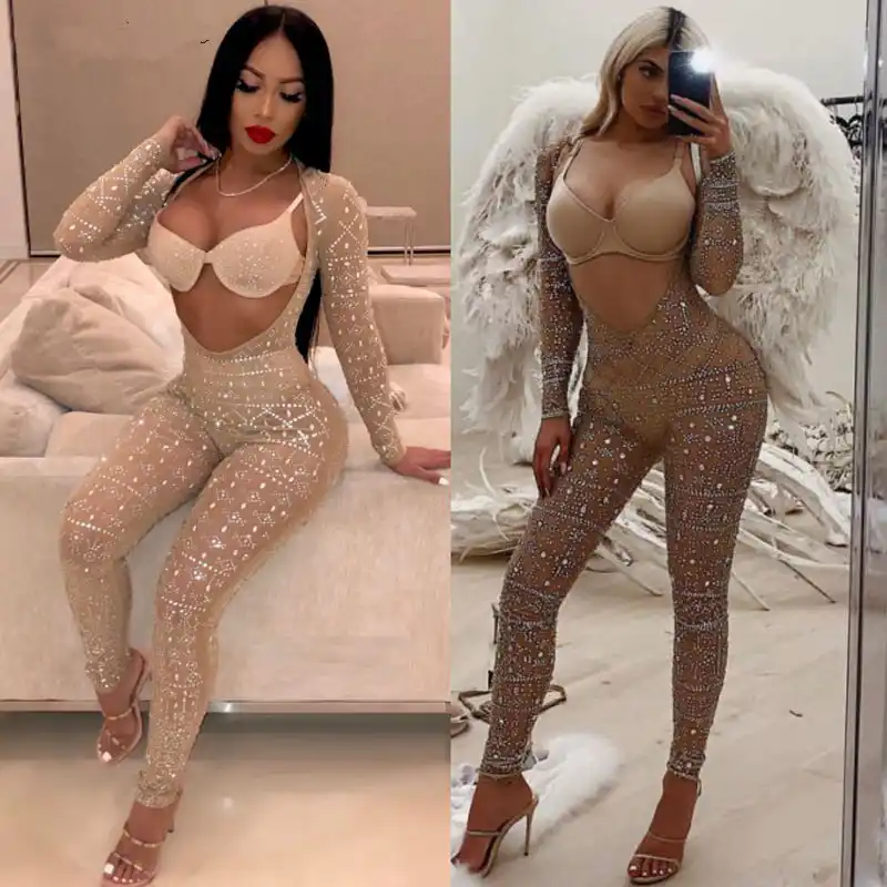 glittering embellished mesh skinny jumpsuit