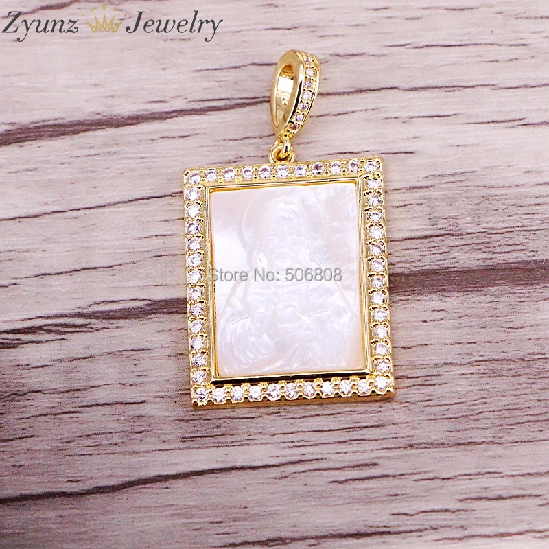 

5PCS ZYZ328-1987 white shell metal pendant Rectangle shape mother of pearl pendant with cz around pave 2019 new arrival