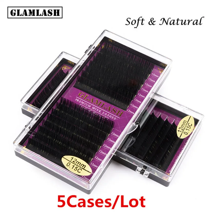 

GLAMLASH premium 5 Cases/Lot 16rows natural soft eyelash extension matte black individual mink false lashes makeup cilios