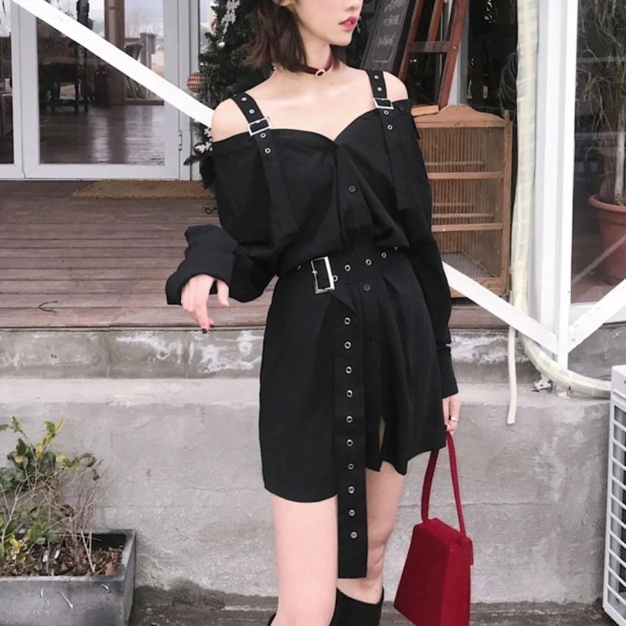 Autumn Vintage Hard Black Suspenders Female Harajuku Gothic Korean Off Shoulder Sexy Shirt Dress Women Punk Style Dress 8446
Autumn Vintage Hard Black Suspenders Female Harajuku Gothic Korean Off Shoulder Sexy Shirt Dress Women Punk Style Dress 8446