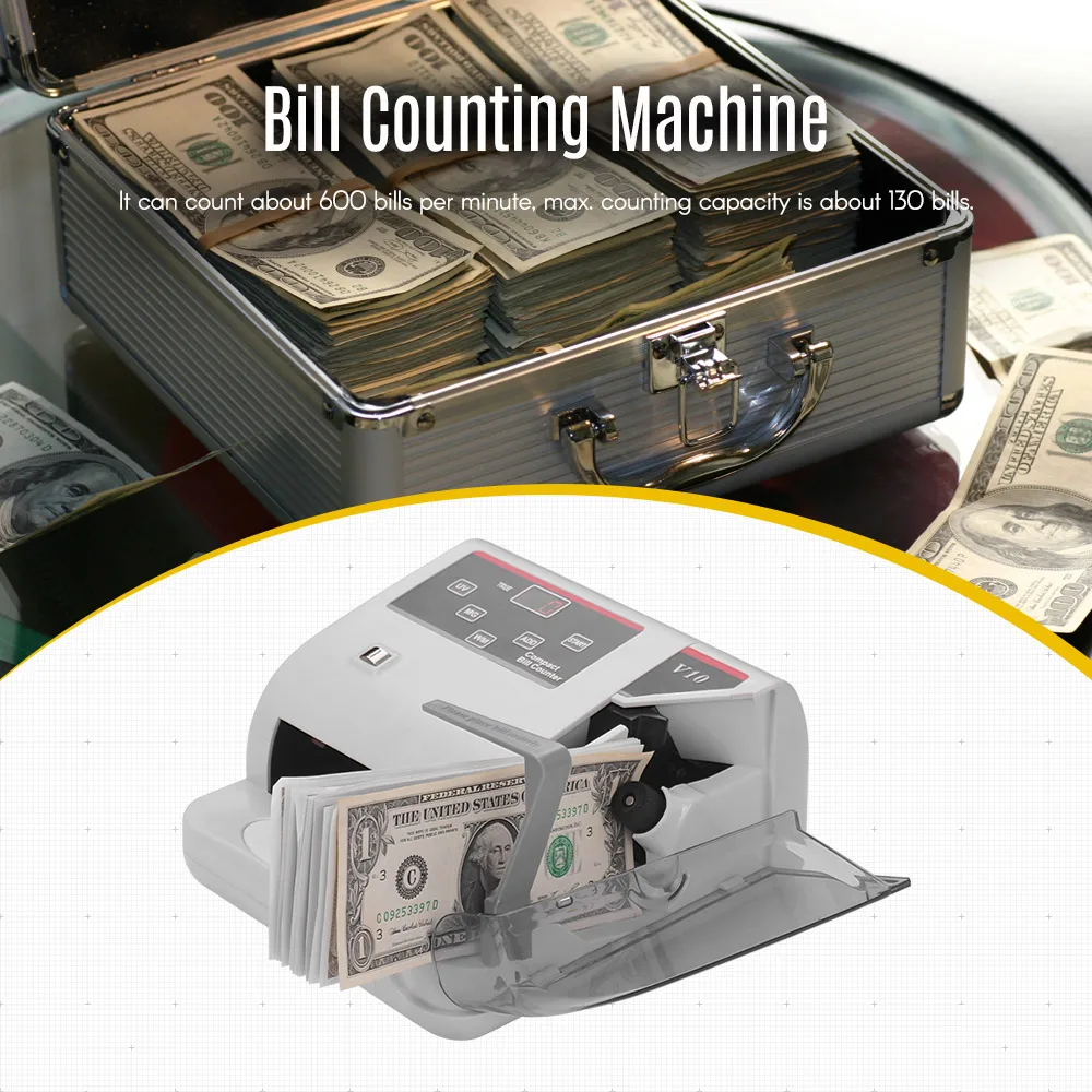 

Mini Money Counter Worldwide Currency Cash Banknote Bill Counting Detector with UV/MG/WM Counterfeit Detection 600 Bills/Minute