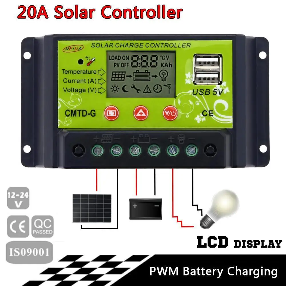 24V 12V Auto Solar Panel Battery Charge Controller 20A LCD Solar Collector Regulator with Dual USB Output 5V
24V 12V Auto Solar Panel Battery Charge Controller 20A LCD Solar Collector Regulator with Dual USB Output 5V
