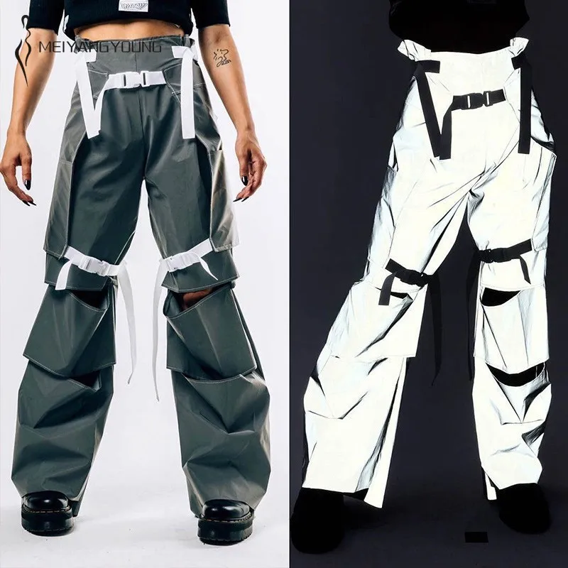 Reflective Pants Women Multiple Buckle Trousers Women Streetwear Sweatpants Rip Hole Pants Wide Leg Hip Hop Joggers Pantalon
Reflective Pants Women Multiple Buckle Trousers Women Streetwear Sweatpants Rip Hole Pants Wide Leg Hip Hop Joggers Pantalon