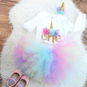 

3PCS Baby Girl 1st Birthday Outfit Party Unicorn Romper Cake Smash Tutu Dress Rainbow Tulle Skirt 3PCS Outfit