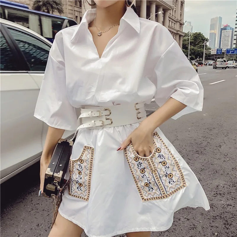 2019 Summer Embroidery Floral Pockets White Casual Dress Women Elegant Turn-down Collar Sashes Loose Dresses With Belt
2019 Summer Embroidery Floral Pockets White Casual Dress Women Elegant Turn-down Collar Sashes Loose Dresses With Belt
