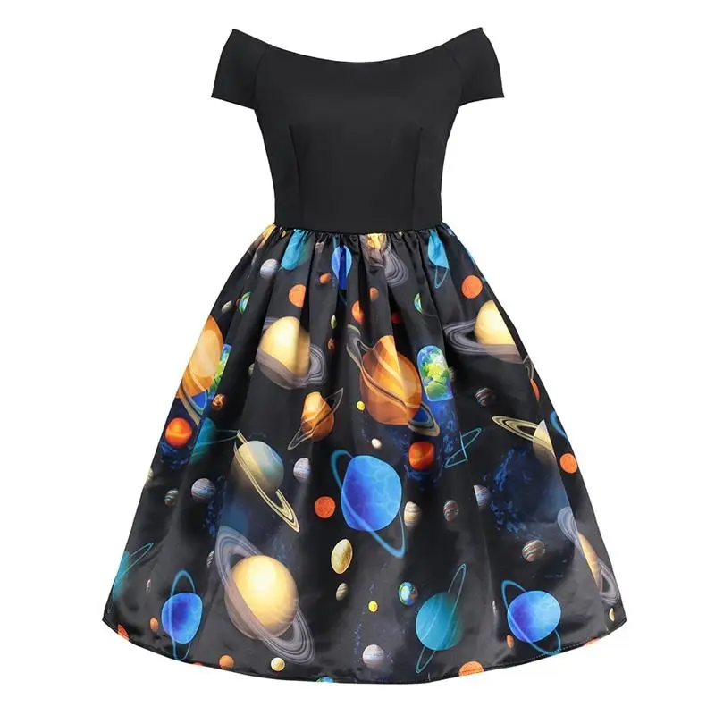 Normal Size Off Shoulder Universe Planet Print Piecing Slim Waist Spring Party Dress For Women
Normal Size Off Shoulder Universe Planet Print Piecing Slim Waist Spring Party Dress For Women