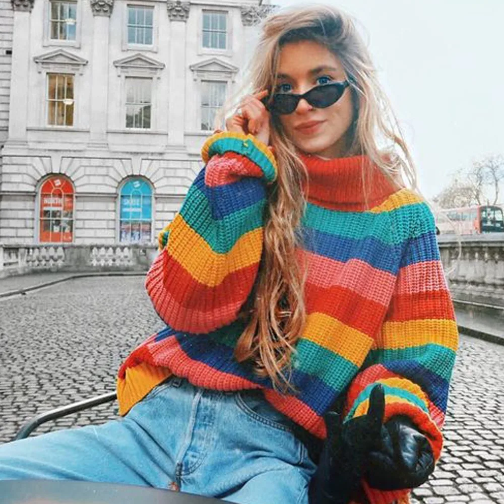 Women Rainbow Turtleneck Sweaters Long Sleeve Colorful Striped Knitted Sweater Casual Pullover Female Oversized Tops Jumpers
Women Rainbow Turtleneck Sweaters Long Sleeve Colorful Striped Knitted Sweater Casual Pullover Female Oversized Tops Jumpers