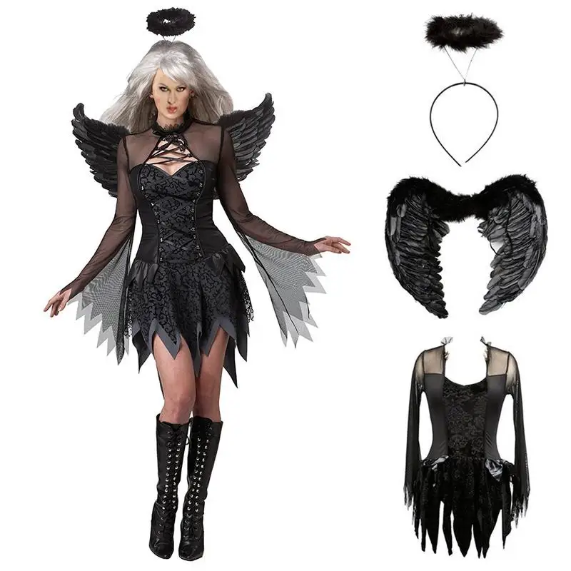 

2019 Halloween Costumes For Women Fantasy Cosplay Party Fancy Dress Adult Black Fallen Angel Costume With Angel Wings