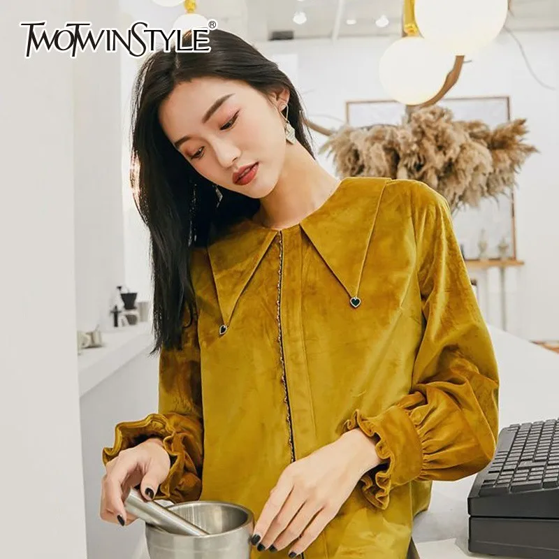 TWOTWINSTYLE Velour Tops Female Lapel Collar Lantern Long Sleeve Yellow Shirts Blouse Women 2019 Spring Korean Fashion New
TWOTWINSTYLE Velour Tops Female Lapel Collar Lantern Long Sleeve Yellow Shirts Blouse Women 2019 Spring Korean Fashion New
