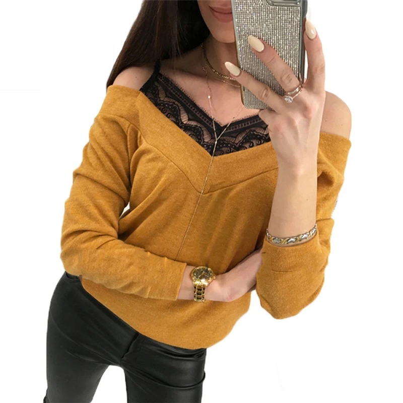 Sheer lace patchwork off shoulder T-shirts pullovers Fashion New autumn 2019 women long sleeve V Neck backless Cold Shoulder Top
Sheer lace patchwork off shoulder T-shirts pullovers Fashion New autumn 2019 women long sleeve V Neck backless Cold Shoulder Top