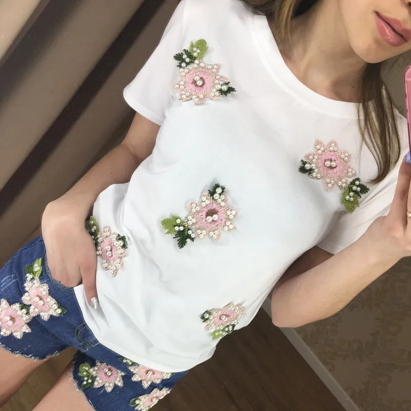 Hot Sell Spring Summer Retro Pearl Beading T-Shirts Women Flower Embroidery Tee Shirt Femme Top Dropship
Hot Sell Spring Summer Retro Pearl Beading T-Shirts Women Flower Embroidery Tee Shirt Femme Top Dropship