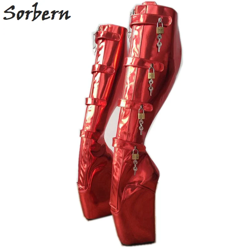 Sorbern BDSM Ballet Boots Women Platform Hoof Heelless Black White Matte Big 18cm 10 Keys Lockable Beginner Ballet Wedge Boot