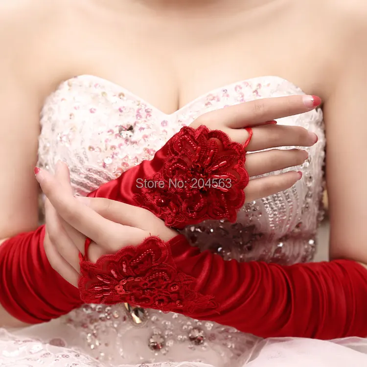 Elbow Length Wedding Party Fingerless Gloves Red Charming Satin Bridal Gloves with Beads
Elbow Length Wedding Party Fingerless Gloves Red Charming Satin Bridal Gloves with Beads