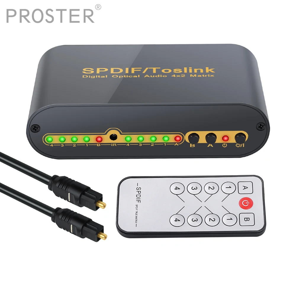 Proster SPDIF/TOSLINK Digital Audio converter 4x2 Audio Switch Switcher Splitter +Remote Control Support Dolby/LPCM2.0/DTS/AC3
Proster SPDIF/TOSLINK Digital Audio converter 4x2 Audio Switch Switcher Splitter +Remote Control Support Dolby/LPCM2.0/DTS/AC3