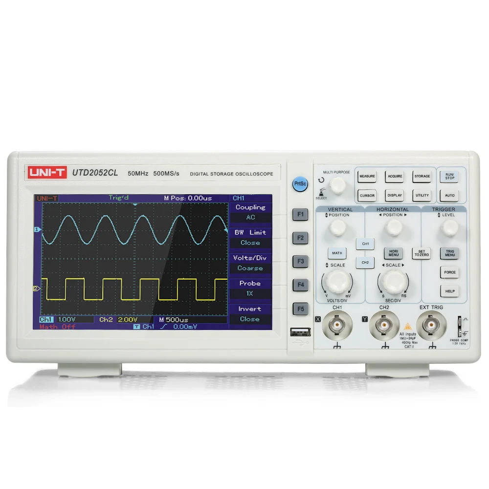 UTD2052CL Digital Oscilloscope Oscillometer Storage Oscilloscopes 2CH 50MHz 500MS/s 7 Inches TFT LCD Display USB OTG Interface
UTD2052CL Digital Oscilloscope Oscillometer Storage Oscilloscopes 2CH 50MHz 500MS/s 7 Inches TFT LCD Display USB OTG Interface