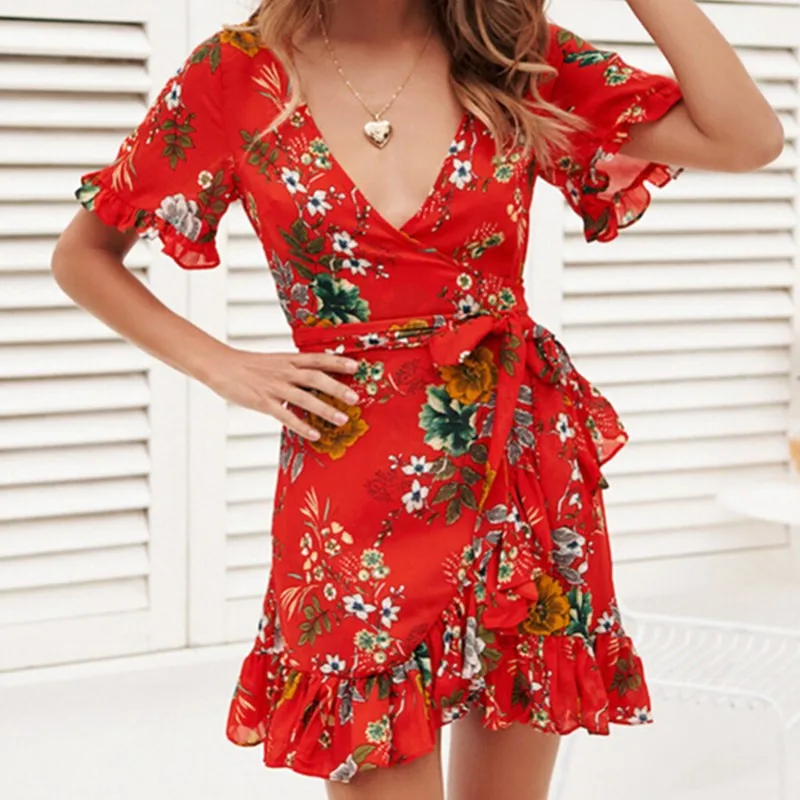 Women Summer Floral Printed Dress Casual Vintage Slash Ladies Sexy Deep V-neck Ruffle Short Wrap Short Femme Dress Holiday Dress
Women Summer Floral Printed Dress Casual Vintage Slash Ladies Sexy Deep V-neck Ruffle Short Wrap Short Femme Dress Holiday Dress