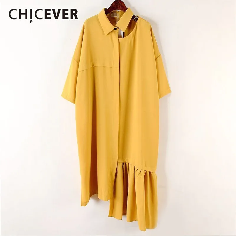 CHICEVER Summer Solid Patchwork Ruffles Hem Dress Women Lapel Hollow Out Short Sleeve Loose Plus Size Asymmetrical Dresses 2019
CHICEVER Summer Solid Patchwork Ruffles Hem Dress Women Lapel Hollow Out Short Sleeve Loose Plus Size Asymmetrical Dresses 2019