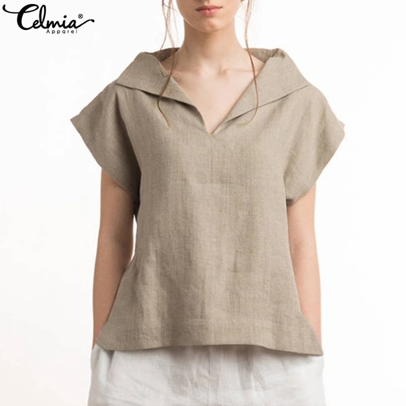Plus Size 2019 Celmia Women Vintage Cotton Linen Blouses Lapel V-neck Short Sleeve Summer Shirts Casual Blusas Loose Tunic Tops
Plus Size 2019 Celmia Women Vintage Cotton Linen Blouses Lapel V-neck Short Sleeve Summer Shirts Casual Blusas Loose Tunic Tops